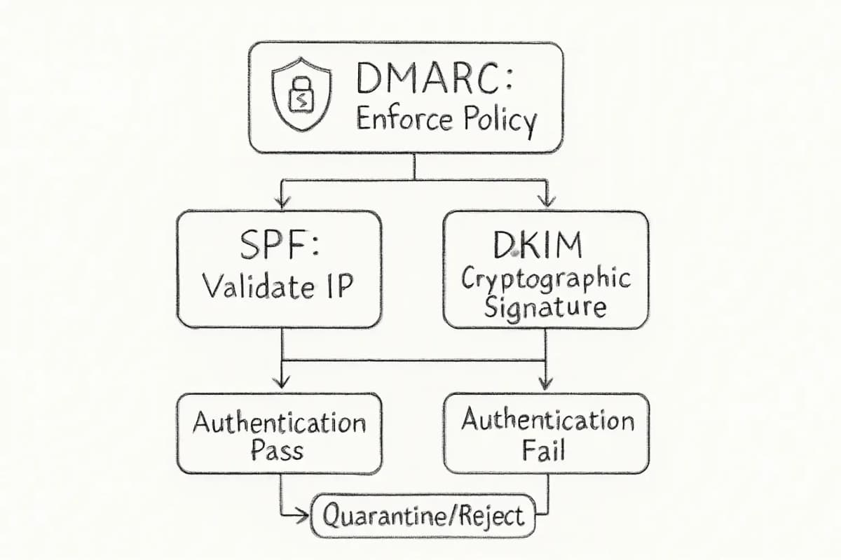 Diagramme technique montrant trois protocoles d'authentification d'email et comment ils fonctionnent ensemble. SPF (Sender Policy Framework) valide l'adresse IP du serveur d'envoi. DKIM (DomainKeys Identified Mail) ajoute une signature cryptographique aux emails. DMARC (Domain-based Message Authentication, Reporting, and Conformance) se situe au-dessus de SPF et DKIM, appliquant des politiques comme la mise en quarantaine ou le rejet pour l'authentification échouée. Montrez des flèches reliant SPF et DKIM à DMARC au sommet, avec des indicateurs visuels des états de réussite ou d'échec. Incluez une icône de cadenas ou un badge de sécurité pour souligner l'authentification d'email et la confiance.