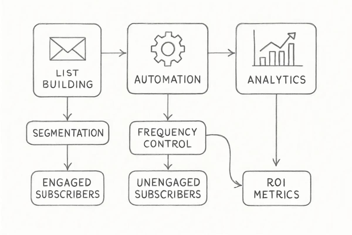 Diagramme d'entonnoir de marketing par email montrant trois étapes connectées: Constitution de liste (boîte gauche avec icône d'enveloppe) s'écoule à droite vers Automatisation (boîte centrale avec icône d'engrenage/flux de travail) qui s'écoule à droite vers Analyse (boîte droite avec icône de graphique/diagramme). Sous chaque étape, montrez les activités clés: Constitution de liste inclut segmentation en abonnés engagés et désengagés; Automatisation montre différents chemins de fréquence et de contenu basés sur le type d'abonné; Analyse affiche les métriques de performance et les données de ROI. Utilisez des flèches pour montrer la direction du flux. Incluez une distinction visuelle entre le chemin de l'abonné engagé (vert) et le chemin de l'abonné désengagé (orange/jaune).