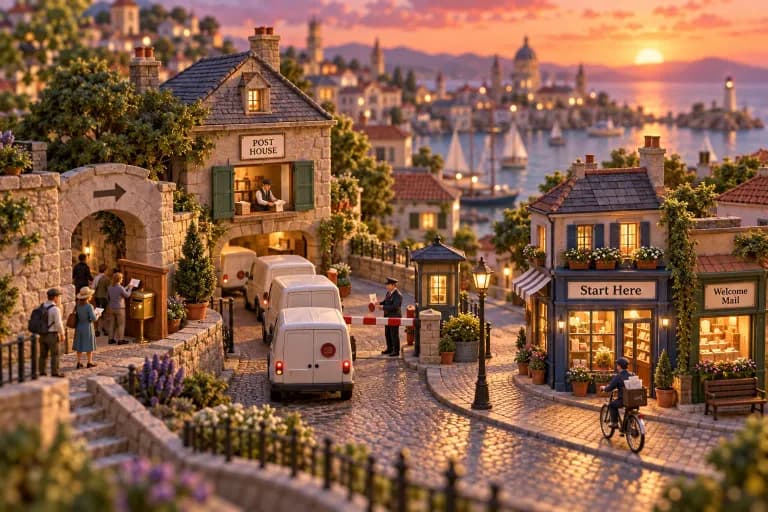 A short cobbled street begins at a low archway painted with a single arrow, where a handful of tiny residents queue at a wooden sign-up kiosk, each dropping a slip into a brass box
