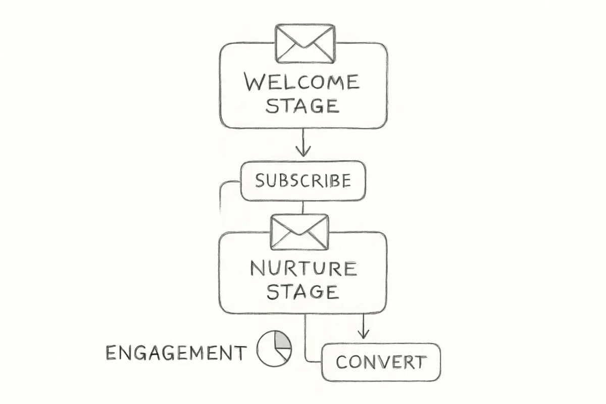 Diagramme du flux de travail d'automatisation email montrant trois étapes séquentielles: étape de bienvenue avec email d'abonné initial, étape de nurturing avec plusieurs emails de suivi au fil du temps, et étape de conversion avec emails de vente ou d'offres. Utilisez des flèches pour montrer la progression entre les étapes. Incluez des indicateurs visuels pour les ouvertures d'emails et les métriques d'engagement à chaque étape.
