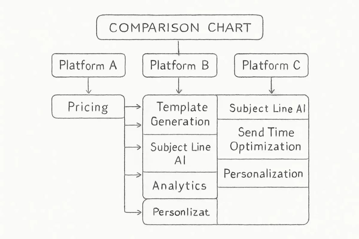 Comparison chart with three columns representing different AI email generator platforms. Each column shows platform name at top, pricing tier below (ranging from budget-friendly to enterprise), and key AI features listed in rows such as template generation, subject line optimization, send time optimization, and personalization capabilities. Use a clean table or card-based layout with visual hierarchy to show feature availability across platforms.