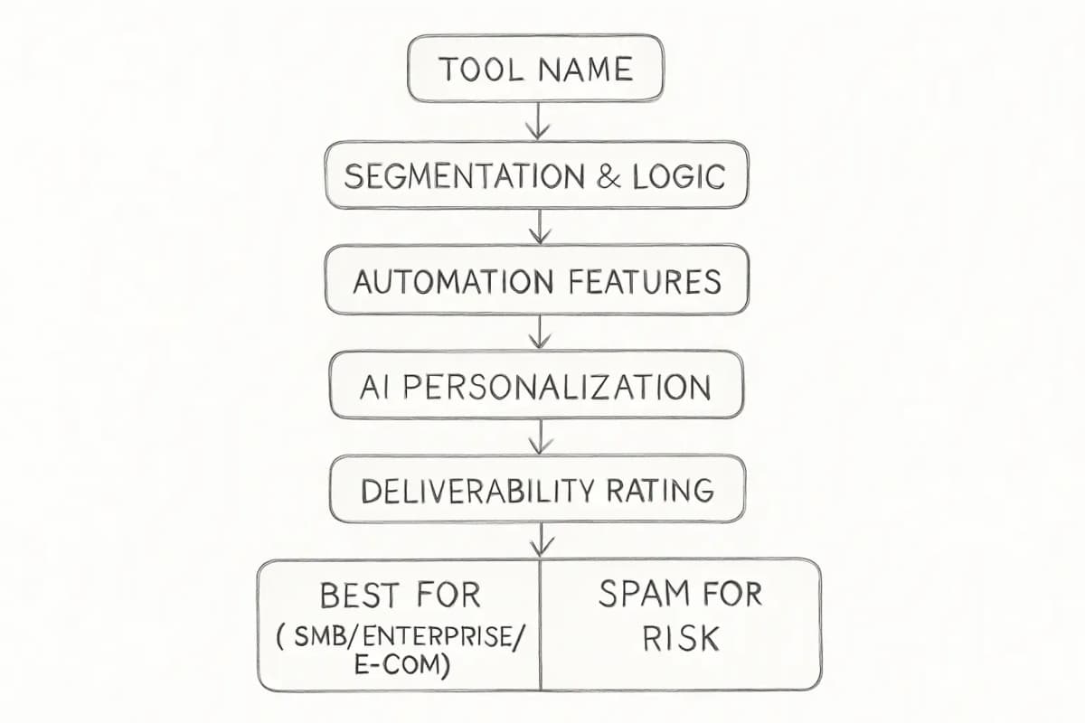 Tableau de comparaison montrant 4 à 5 outils d'email marketing avec IA (comme Mailchimp, HubSpot, Klaviyo, Braze, ActiveCampaign) arrangés en colonnes avec des lignes affichant les critères clés: fonctionnalités principales (segmentation, automatisation, personnalisation), niveaux de tarification (entrée de gamme à entreprise), taux de délivrabilité et meilleurs cas d'usage (PME vs entreprise vs ecommerce). Utilisez une mise en page de grille propre avec lignes codées par couleur pour une analyse facile. Incluez les plages de prix (par exemple, 20 à 500 euros/mois) et les notations par étoiles (3 à 5 étoiles) pour l'infrastructure de délivrabilité. Le tableau doit souligner que les listes de fonctionnalités seules sont insuffisantes, mettant en évidence quels outils exceller en logique de segmentation et prévention du dossier spam.