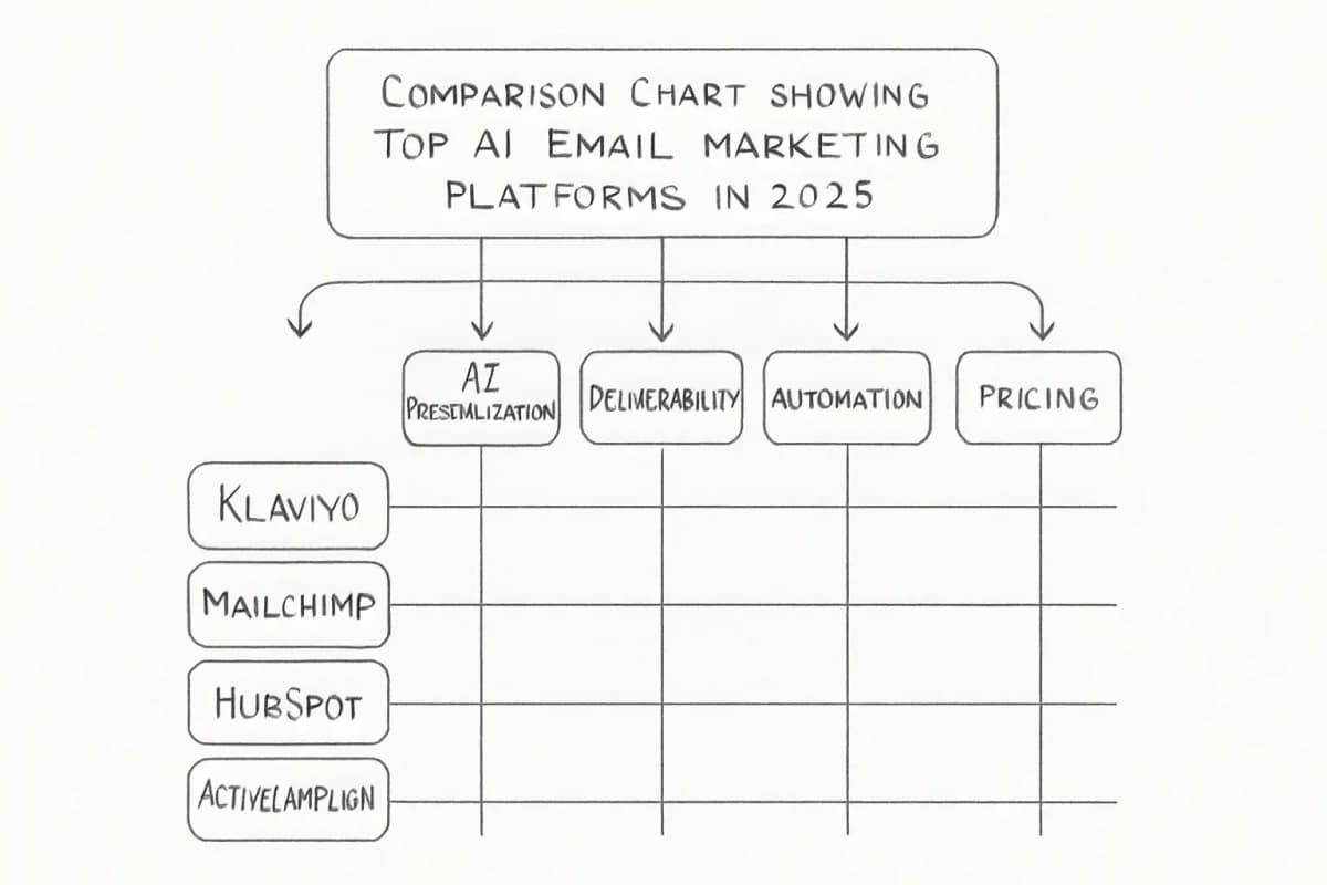 Graphique comparatif montrant les principales plateformes email marketing alimentées par l'IA en 2025. Créez un tableau ou disposition grille avec 4 ou 5 grandes plateformes (comme Klaviyo, Mailchimp, HubSpot, ActiveCampaign, Brevo) listées verticalement à gauche. Incluez des colonnes horizontales pour les critères de comparaison clés : profondeur de personnalisation IA, note de délivrabilité, intelligence de l'automatisation, niveau de tarification et cas d'usage privilégiés. Utilisez un code couleur ou des cases à cocher pour indiquer les niveaux de force dans les catégories. Le graphique devrait souligner visuellement quelles plateformes excellent dans la personnalisation comportementale, lesquelles conviennent le mieux aux PME et lesquelles offrent des fonctionnalités de niveau entreprise. Incluez une légende expliquant le système de couleur ou d'évaluation.