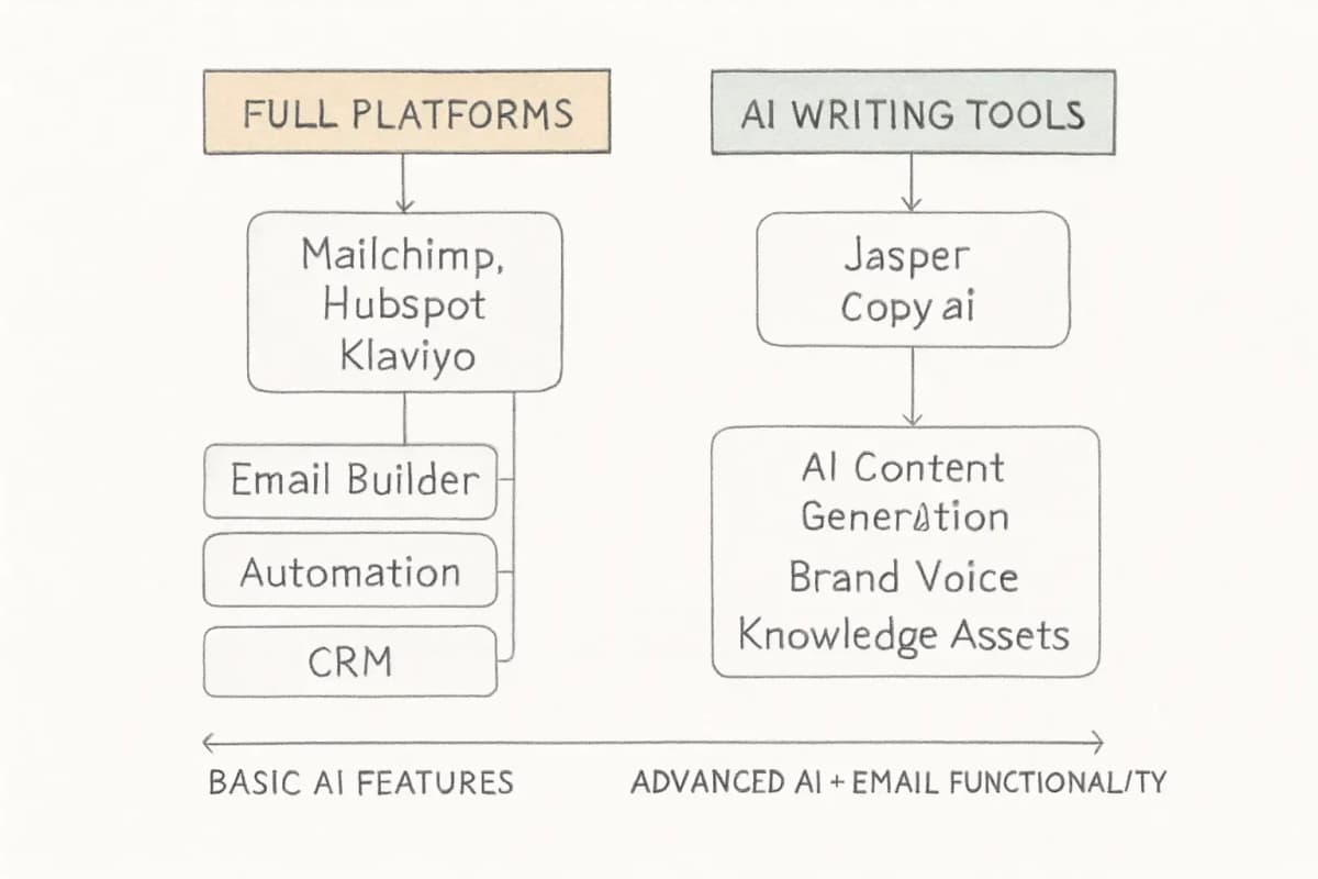 Un graphique de comparaison avec deux colonnes principales. La colonne de gauche intitulée 'Plateformes complètes' montre des outils comme Mailchimp, HubSpot et Klaviyo avec les fonctionnalités listées incluant le générateur d'emails, l'automatisation, le CRM, l'analyse et l'assistance à la rédaction par IA. La colonne de droite intitulée 'Outils de rédaction IA' montre des outils comme Jasper et Copy.ai avec les fonctionnalités incluant la génération de contenu IA, la gestion de la tonalité de marque et les assets de connaissances. Une barre de spectre horizontal en bas montre la plage allant de 'Fonctionnalités IA de base' à gauche à 'IA avancée + Fonctionnalité email' à droite. Utilisez une typographie claire et une palette de couleurs neutres avec une couleur d'accent pour les en-têtes de catégories.