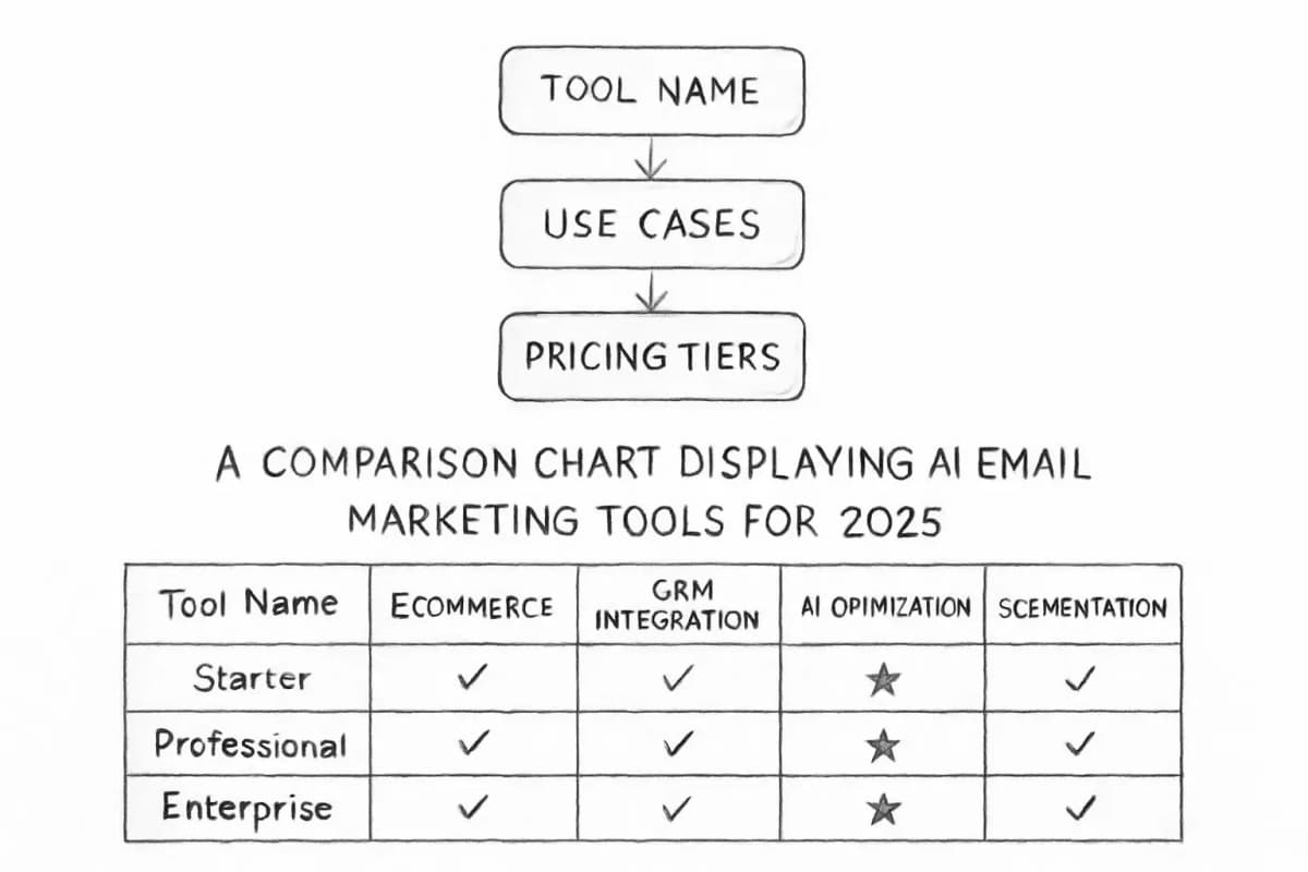 Un graphique de comparaison affichant les outils de marketing email IA pour 2025. Le graphique doit montrer plusieurs outils (tels que Klaviyo, Omnisend, et d'autres mentionnés dans le contexte du marketing email) arrangés en colonnes avec des lignes comparant: les cas d'usage (e-commerce, intégration CRM, automatisation, etc.), les niveaux de tarification (starter, professionnel, entreprise), et les fonctionnalités clés (génération de lignes d'objet IA, optimisation du moment d'envoi, segmentation, personnalisation). Utilisez une mise en page de tableau ou de grille épurée avec un code de couleur pour différencier les capacités des outils. Incluez des indicateurs visuels (coches, étoiles, ou mise en surbrillance) pour montrer la disponibilité des fonctionnalités dans les niveaux de tarification.