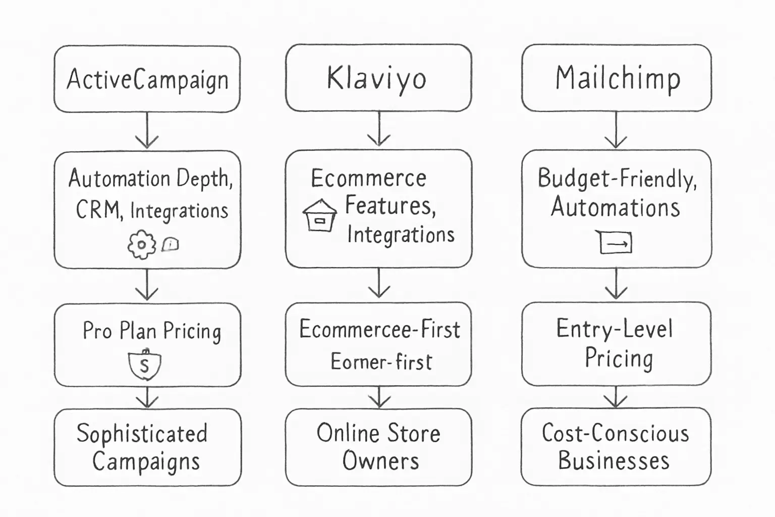 Un graphique de comparaison affichant trois outils d'automatisation email marketing (ActiveCampaign, Klaviyo et Mailchimp) arrangés en colonnes. Chaque colonne affiche les informations clés: le nom de l'outil au sommet, les fonctionnalités principales listées ci-dessous (capacités CRM, intégrations e-commerce, profondeur d'automatisation, pages de destination, fonctionnalité webinaire), les badges de niveau tarifaire et les descriptions de cas d'usage au bas. Utilisez une mise en page propre de type tableau ou cartes avec codage couleur pour différencier les plateformes. Incluez des icônes ou des indicateurs visuels pour les fonctionnalités clés comme l'automatisation, le CRM, l'e-commerce et les niveaux de tarification.
