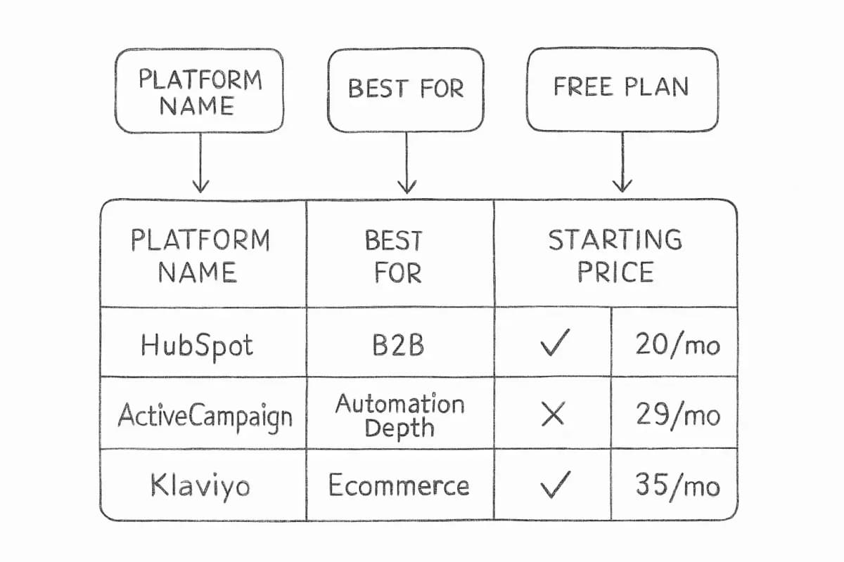 A comparison table visualization showing email marketing automation platforms (HubSpot, ActiveCampaign, Klaviyo, and others) organized by columns for platform name, best use case, free plan availability, and starting price. The table should use a clean, professional design with alternating row colors for readability. Include visual indicators (checkmarks, X marks, or colored badges) to highlight free plan options and pricing tiers. The table structure should emphasize the key decision factors mentioned in the article: B2B vs ecommerce positioning, automation depth, and cost.
