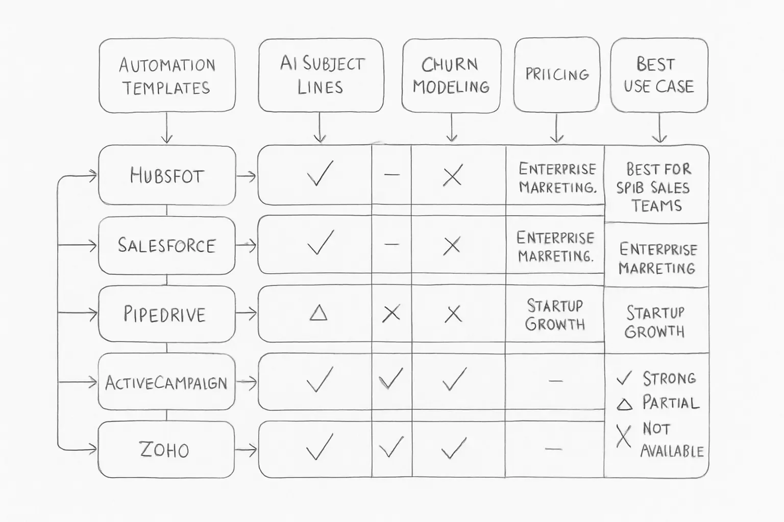 Comparison chart displaying top CRM platforms with email marketing automation capabilities. Chart should show 4-5 major platforms (such as HubSpot, Salesforce, Pipedrive, ActiveCampaign, and Zoho) in rows with columns for key features including: automation templates, AI-generated subject lines, churn risk modeling, deliverability tools, and pricing tier. Use a color-coded system (green checkmarks for strong capability, yellow for partial, red for absent) to indicate feature availability. Include a final column showing primary use case (e.g., 'Best for SMB Sales Teams', 'Enterprise Marketing', 'Startup Growth'). Add a legend explaining the color coding system.