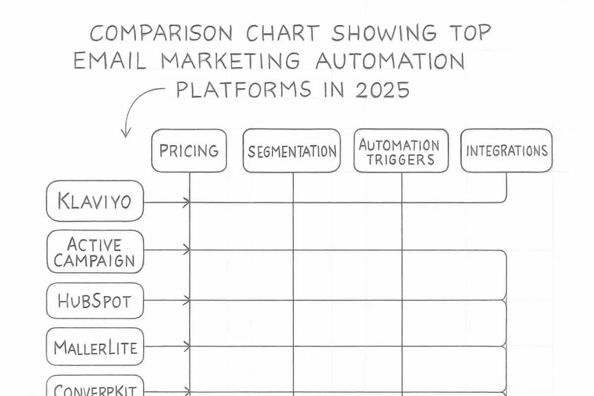 Graphique de comparaison montrant les meilleures plateformes d'automatisation email marketing en 2025. Créez un tableau ou une mise en page en grille avec les noms des plateformes en lignes et les fonctionnalités clés en colonnes. Incluez les plateformes comme Klaviyo, ActiveCampaign, HubSpot, MailerLite, ConvertKit et Drip. Les colonnes de fonctionnalités doivent mettre en évidence: les niveaux tarifaires (prix de départ), les capacités de segmentation (basique à avancée), les déclencheurs d'automatisation (comportement, basé sur le temps, déclenché par événement), les intégrations et les cas d'usage les plus adaptés (marketeurs numériques, créateurs de cours, PME, entreprises). Utilisez des indicateurs visuels comme les coches, les évaluations par étoiles ou le codage couleur pour montrer la disponibilité et la force des fonctionnalités sur les plateformes. Incluez les plages de prix (spectre de 16 dollars/mois à 500+ dollars/mois) pour aider les lecteurs à comparer les coûts par rapport aux capacités.