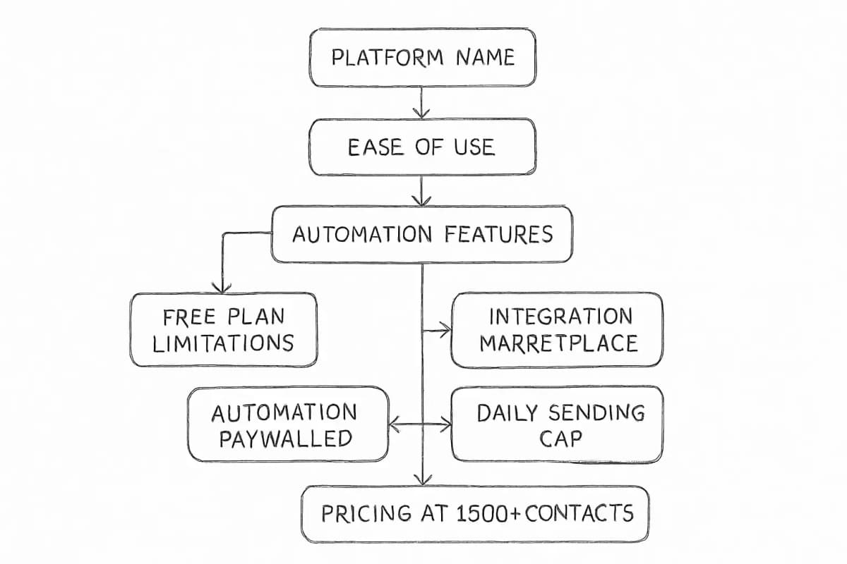 Graphique de comparaison montrant les plateformes d'automatisation email (ActiveCampaign, HubSpot, Mailchimp, et autres) avec des lignes pour les fonctionnalités clés: facilité d'utilisation, capacités d'automatisation, taille du marché d'intégrations, structure tarifaire, limitations du plan gratuit, disponibilité de l'automatisation, limites d'envoi quotidien, et tarification par contact à différentes tailles de listes (500, 1 500, 5 000+ contacts). Utilisez un format tableau ou matrice avec code couleur (vert pour fort, jaune pour modéré, rouge pour faible) pour rendre les forces et faiblesses des plateformes visuellement apparentes en un coup d'oeil.