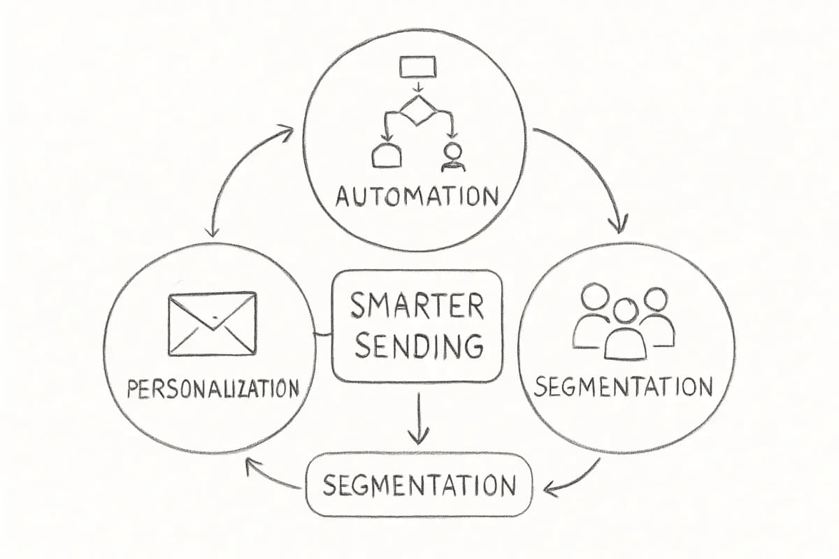 Trois cercles ou nœuds interconnectés montrant les piliers du marketing par email : Automatisation (avec flèches de workflow), Segmentation (avec division d'audience) et Personnalisation (avec messages ciblés). Les flèches relient tous les trois pour montrer comment ils fonctionnent ensemble de façon synergique. Le texte au centre lit 'Email Marketing plus intelligent' ou similaire. La palette de couleurs doit être professionnelle avec des bleus et des verts. Style : infographie propre et moderne adaptée à un en-tête de blog.