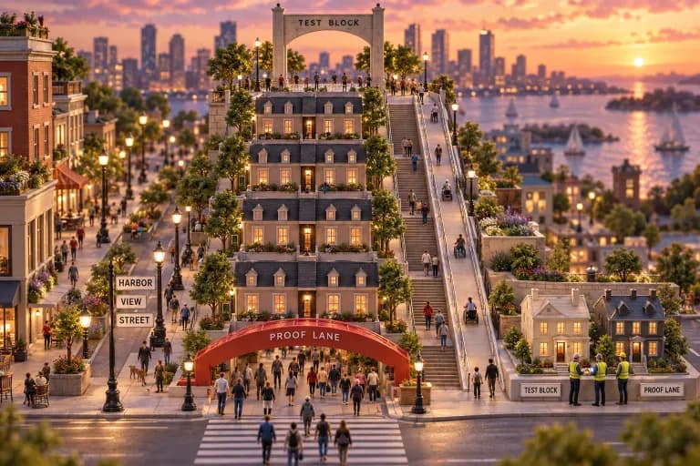 A narrow city block is built like a stacked email: a wide plaza at the top holds a single tall banner arch, below it rows of identical townhouses line up in one clean column, and a