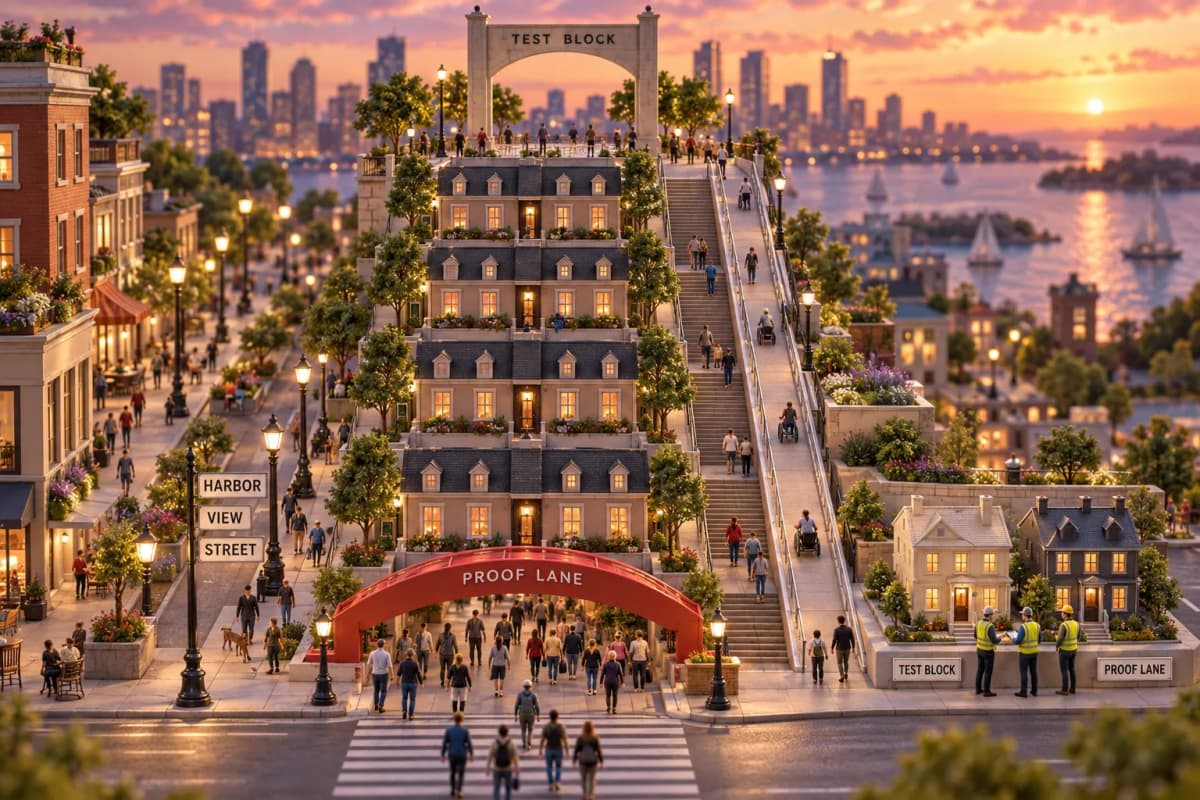A narrow city block is built like a stacked email: a wide plaza at the top holds a single tall banner arch, below it rows of identical townhouses line up in one clean column, and a