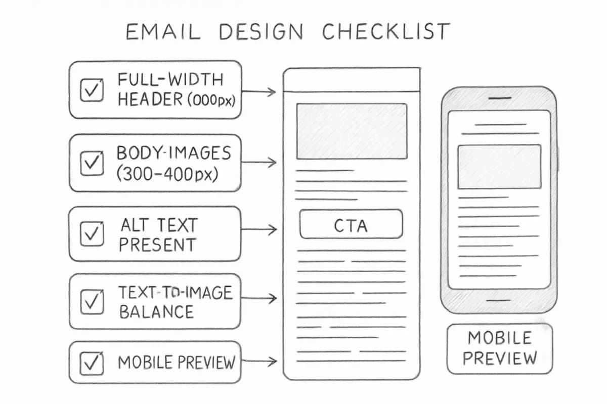 Liste de contrôle de la conception d'email montrant les éléments clés d'optimisation mobile, notamment un en-tête pleine largeur de 600px, des images du corps de 300-400px de large, un champ de texte alternatif descriptif, un placement de bouton CTA et un ratio d'équilibre texte/image. La mise en page doit montrer un modèle d'email vertical avec des annotations pointant vers chaque élément, des cases à cocher indiquant les meilleures pratiques et un cadre d'appareil mobile sur le côté droit montrant le rendu du design sur petits écrans.