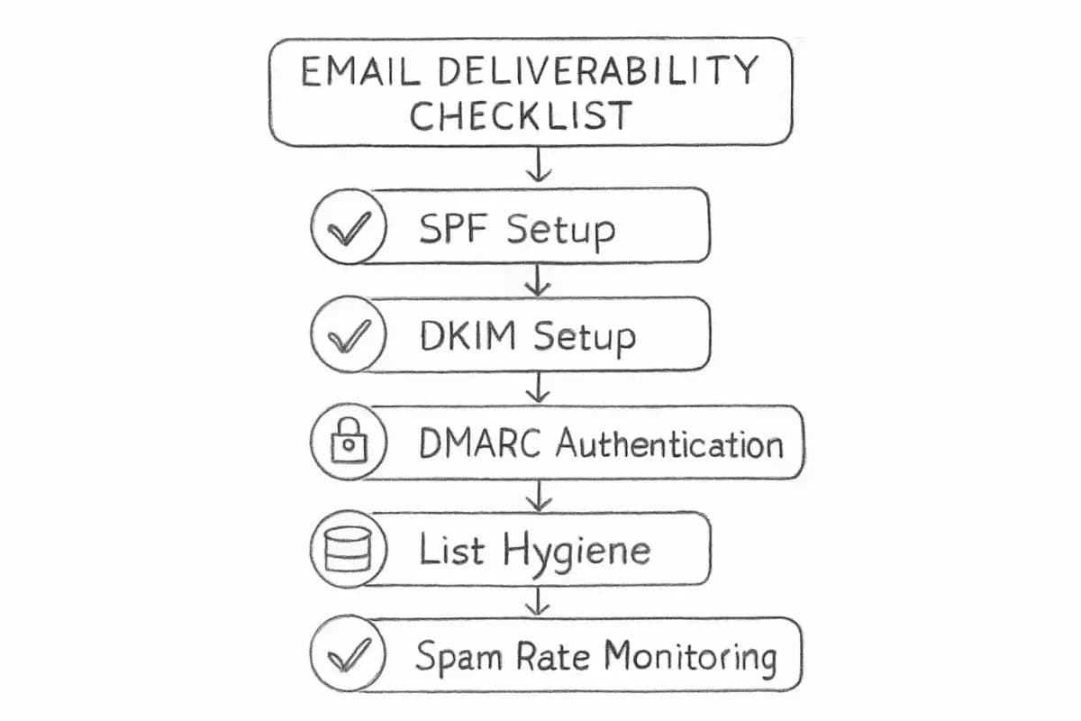Checklist de délivrabilité des emails affichée comme une liste de contrôle verticale avec cinq éléments clés: configuration SPF (avec coche), configuration DKIM (avec coche), authentification DMARC (avec coche), hygiène de liste et validation des abonnés (avec coche) et surveillance du taux de spam montrant le pourcentage sous le seuil (avec coche). Utilisez un design propre et professionnel avec des coches vertes et un arrière-plan subtil. Incluez des icônes à côté de chaque élément représentant le concept (cadenas pour l'authentification, base de données pour l'hygiène de liste, graphique pour la surveillance).