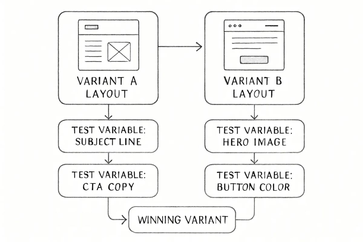 Une comparaison côte à côte montrant deux variantes de modèle d'email pour test A/B. Le côté gauche étiqueté 'Variante A' affiche une mise en page d'email avec des éléments de conception spécifiques (en-tête, image héros, bouton CTA dans une position ou couleur). Le côté droit étiqueté 'Variante B' montre une mise en page alternative avec le même contenu mais un traitement de conception différent (placement de bouton différent, couleur ou image héros). Sous chaque variante, affichez les métriques clés testées: ligne d'objet, image héros, copie de l'appel à l'action et couleur du bouton. Incluez des indicateurs visuels montrant quel élément diffère entre les deux versions avec des flèches ou mise en évidence.