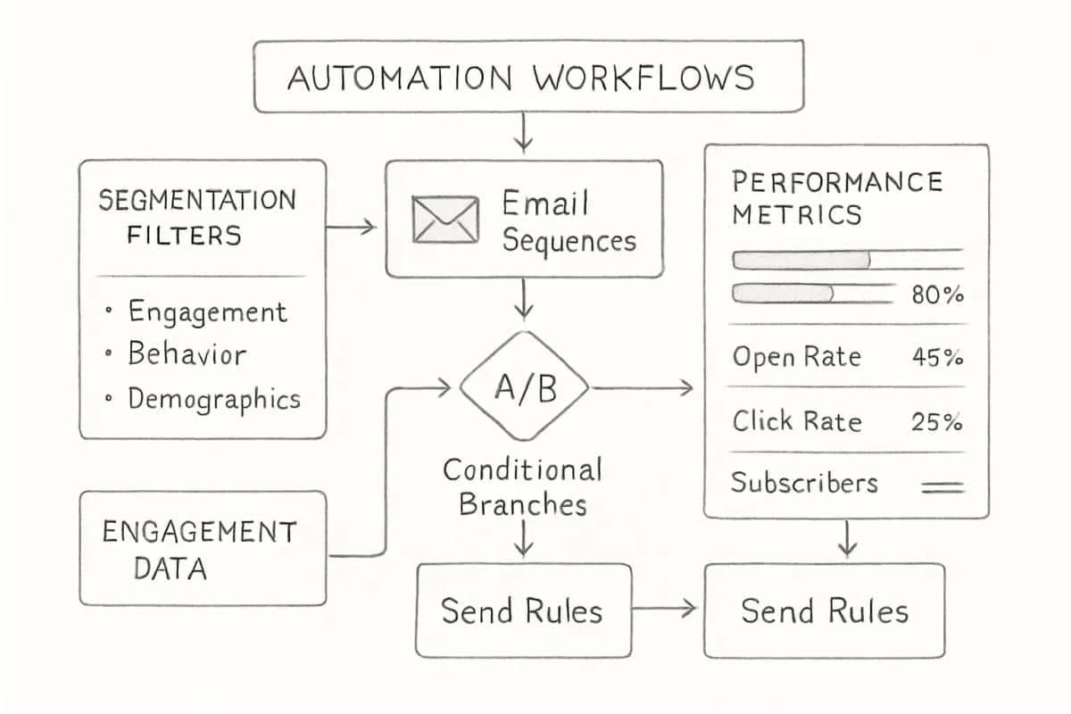 Tableau de bord du logiciel d'email marketing affichant une représentation visuelle des flux de travail d'automatisation avec des filtres de segmentation. Le tableau de bord doit afficher: un canevas de flux de travail principal avec des nœuds connectés représentant des séquences d'email, un panneau de segmentation sur le côté affichant les options de filtrage d'audience (par engagement, comportement, données démographiques), les points de déclenchement d'automatisation et les métriques de performance. Incluez des éléments visuels comme des flèches montrant la direction du flux d'email, des branches conditionnelles pour les chemins de test A/B et des widgets de tableau de bord affichant les taux d'ouverture, les taux de clic et les comptages d'abonnés. Le schéma de couleurs doit être professionnel avec des bleus et des gris, mettant l'accent sur le contrôle et les capacités d'organisation de la plateforme.
