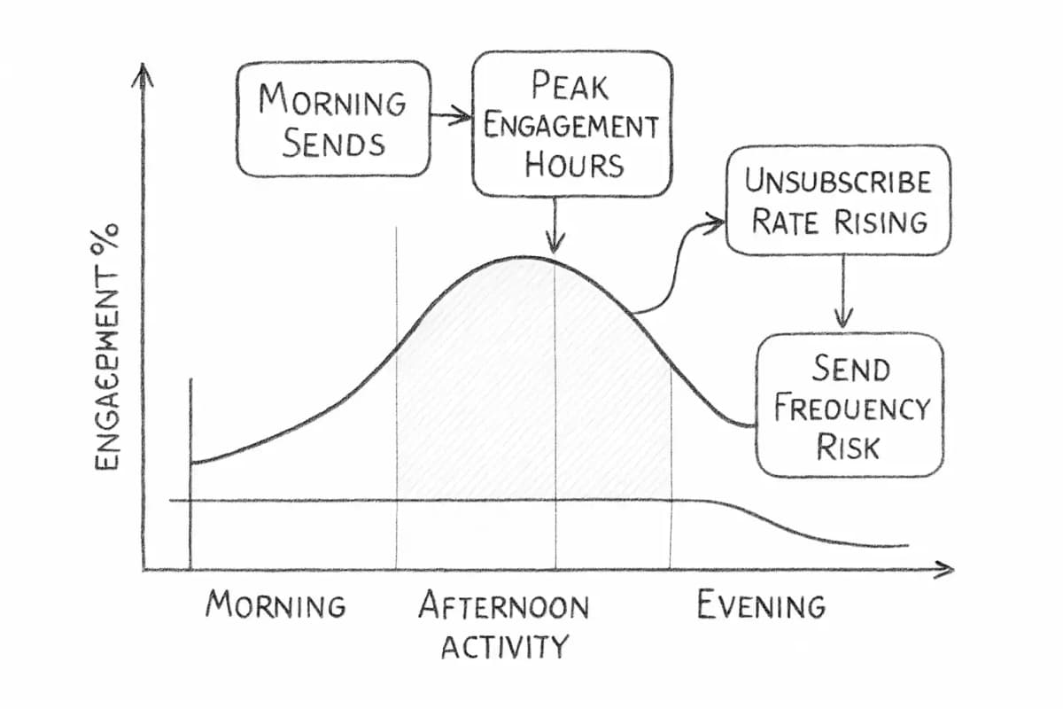 Un graphique en courbe montrant les taux d'ouverture des emails et les métriques d'engagement à travers le jour du Black Friday, avec l'heure de la journée sur l'axe des x (matin, après-midi, soir) et le pourcentage d'engagement sur l'axe des y. Le graphique devrait montrer les heures de pic d'engagement en surbrillance, avec des annotations indiquant les fenêtres d'envoi optimales. Incluez des indicateurs visuels pour quand les taux de désinscription commencent à grimper pour représenter les signes d'avertissement de fatigue d'envoi mentionnés dans le contexte de l'article.