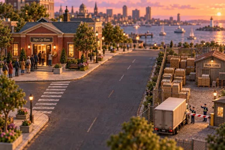 A tidy office plaza where a line of tiny figures waits at a curbside kiosk marked "Sign Up Here," each one stepping forward to press a hand to a brass plate before walking through
