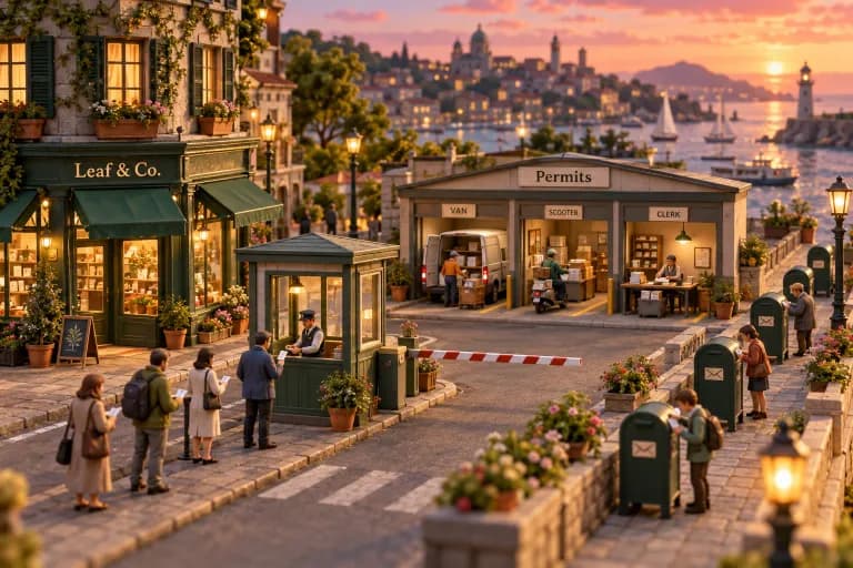 A narrow main street where a green-awninged corner shop marked "Leaf & Co." sits behind a tidy checkpoint booth, and a short line of tiny customers waits while an attendant checks