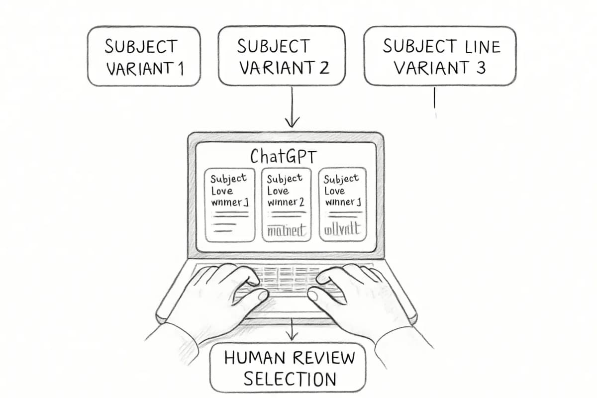 A marketer's laptop screen showing a ChatGPT email drafting interface with multiple subject line variants displayed side by side in a comparison view. The screen shows 3-4 different subject line options generated by AI, each with performance metrics or engagement predictions. The marketer's hands are visible at the keyboard, suggesting active review and selection of the best variant. The visual emphasizes the human review step in the AI email workflow process.