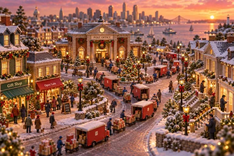A miniature holiday town square where a spiral of tiny mail trucks and handcarts piled with wrapped parcels winds out from a central post office, the queue spilling down a snow-dus