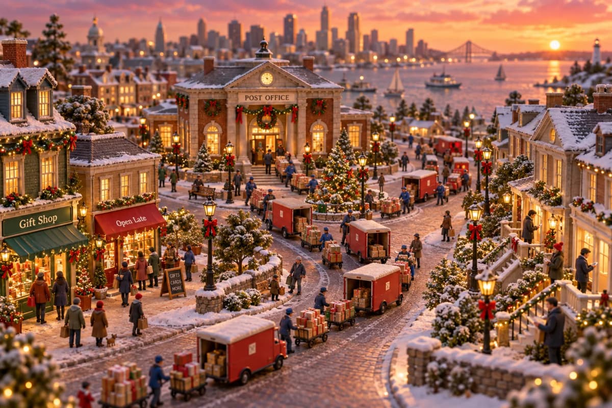 A miniature holiday town square where a spiral of tiny mail trucks and handcarts piled with wrapped parcels winds out from a central post office, the queue spilling down a snow-dus