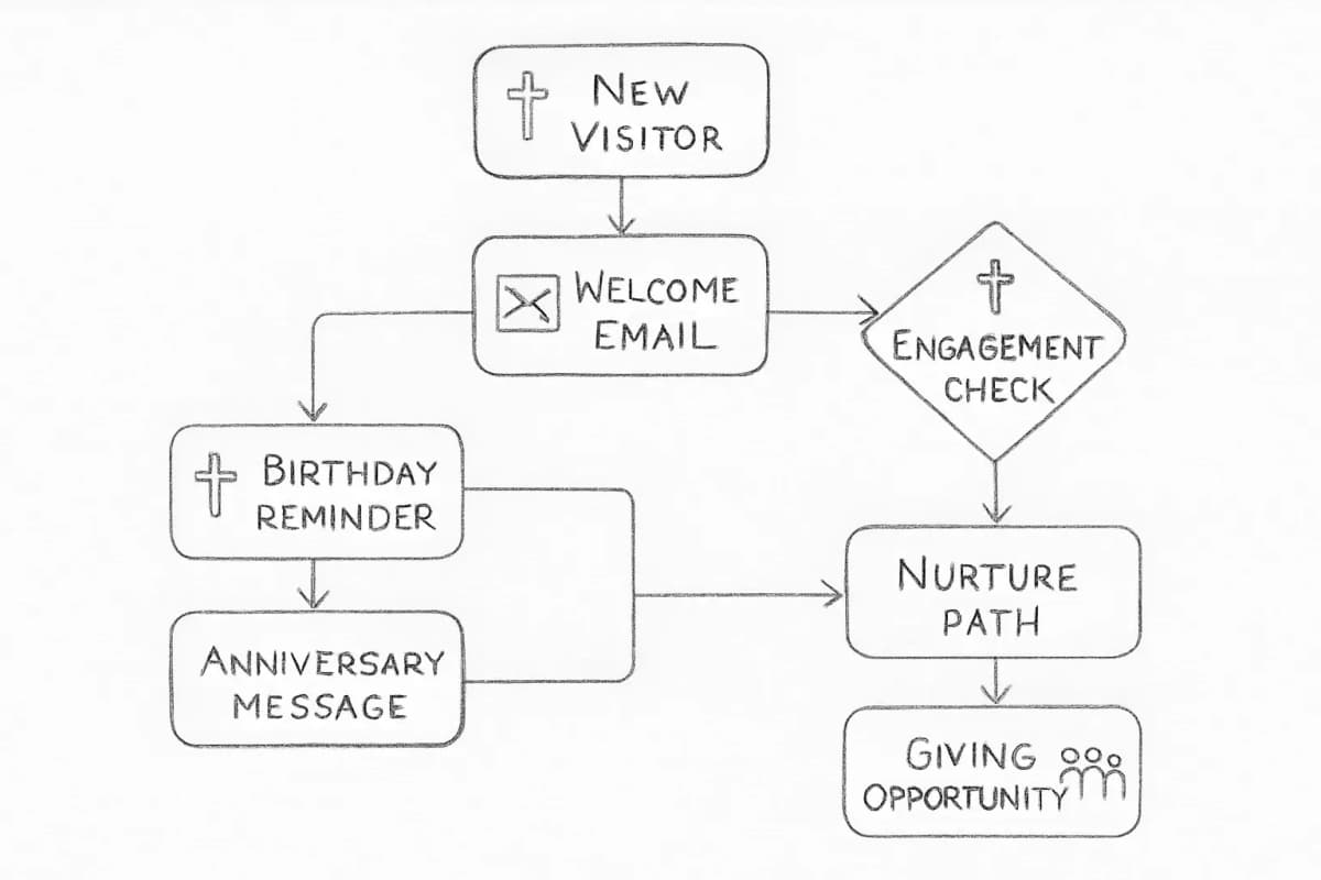 Diagramme du flux de travail d'automatisation email d'église montrant le parcours des abonnés du premier accueil à travers le développement des relations. Commencez par un nouveau visiteur entrant dans le système, transitant vers un email de bienvenue automatisé envoyé immédiatement. Ensuite, divisez-vous en chemins d'alimentation parallèles: un pour les messages d'anniversaire/anniversaire qui se déclenchent sur des dates spécifiques, un autre pour les campagnes d'engagement continu. Incluez des points de décision pour les taux d'ouverture et les niveaux d'engagement, avec des chemins menant soit à un développement continu, soit à des campagnes de réengagement. Montrez comment chaque point de contact du flux de travail maintient une connexion personnelle sans effort manuel. Utilisez des éléments visuels liés à l'église ou à la foi (croix subtiles, icônes communautaires) pour refléter le contexte.
