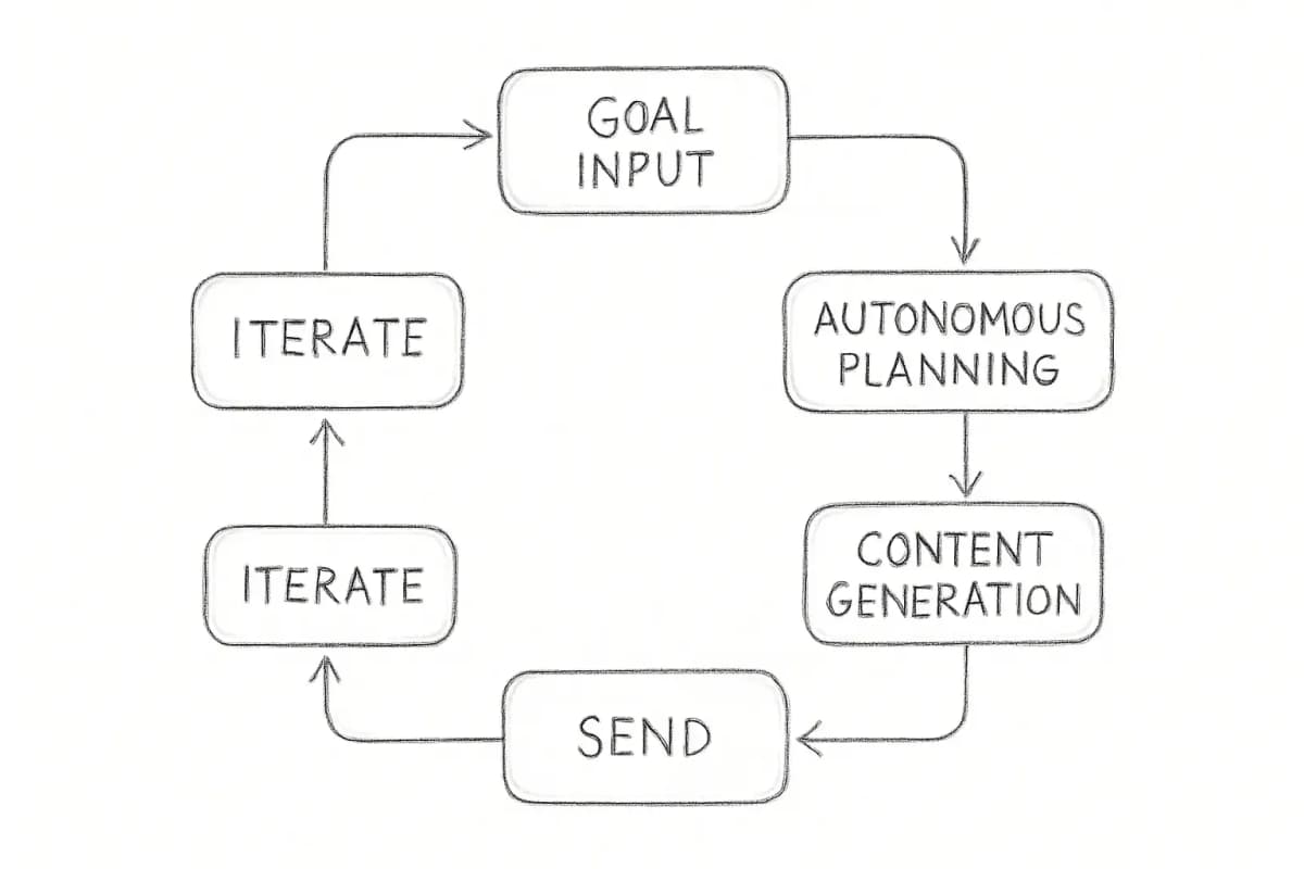A flowchart diagram showing an autonomous AI email marketing workflow loop with six sequential steps connected by arrows in a circular pattern: (1) Goal Input at the top, (2) Autonomous Planning flowing right, (3) Content Generation flowing down, (4) Send flowing right, (5) Measure flowing down, and (6) Iterate flowing left back to Goal Input. The diagram should emphasize the cyclical nature of agentic AI systems autonomously optimizing email campaigns through continuous measurement and iteration.