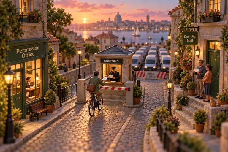 A narrow cobbled street where a single courier on a bicycle carries one slim envelope toward one specific green door, while a fleet of identical delivery vans sits gridlocked and a