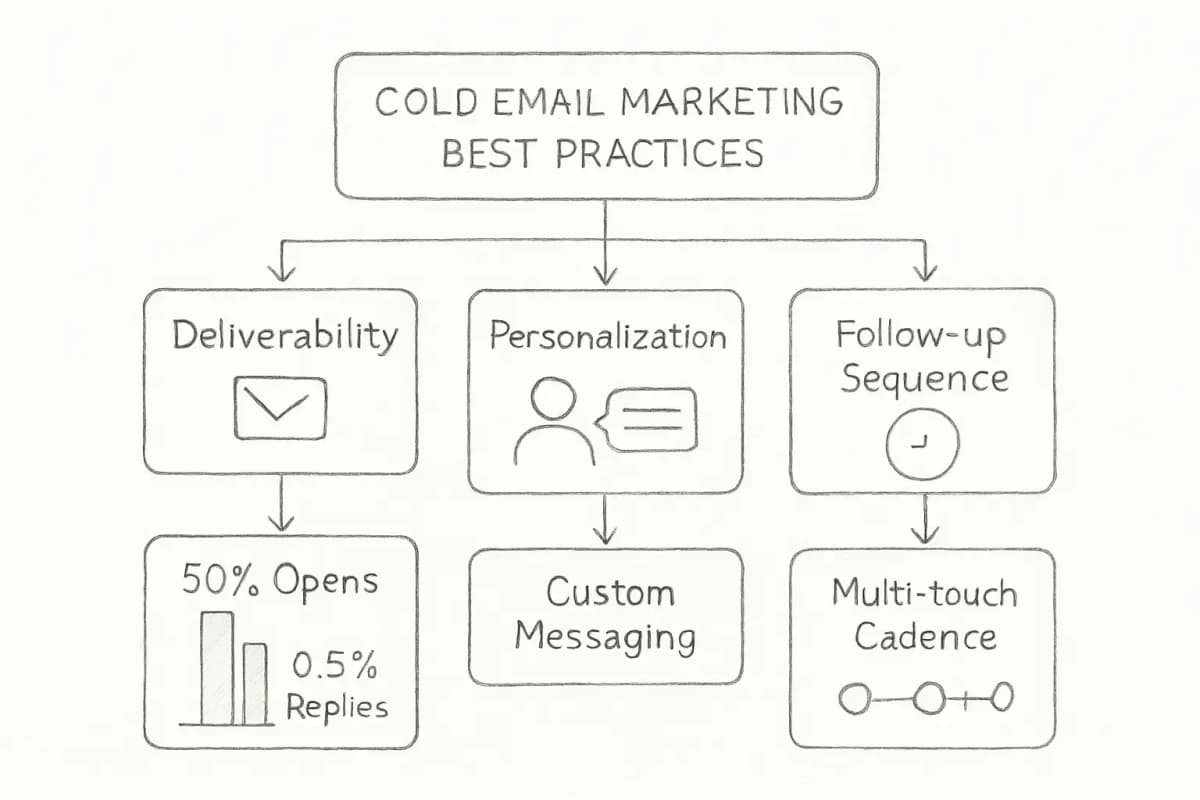 Infographie montrant trois piliers des meilleures pratiques du cold email : (1) section Délivrabilité avec des métriques affichant un taux d'ouverture de 50 % par rapport à un diagnostic de taux de réponse de 0,5 %, (2) section Personnalisation soulignant l'importance de la messagerie personnalisée par rapport aux modèles génériques, (3) section Séquence de suivi affichant le synchronisation et le rythme optimaux pour les campagnes multi-contacts. Incluez les points de référence du contexte de l'article : taux de réponse moyen de 3,43 %, les meilleurs performants dépassant 10 %, et la baisse de 8,5 % en 2019. Utilisez une disposition propre et moderne avec des icônes pour chaque pilier et des éléments de visualisation de données (graphiques, flèches) montrant la relation entre ces trois composants.