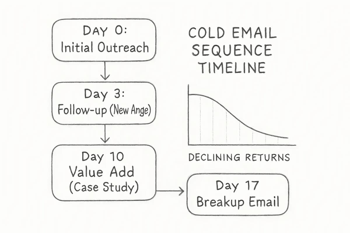 Chronologie de la séquence de cold email montrant quatre étapes de prospection. Étape 1 (Jour 0) montre l'email de prospection initiale avec la ligne d'objet et le pitch. Étape 2 (Jour 3) montre le premier suivi avec un angle différent ou un nouveau point de données. Étape 3 (Jour 10) montre le deuxième suivi avec du contenu à valeur ajoutée comme une étude de cas ou un insight du secteur. Étape 4 (Jour 17) montre l'email de rupture final. Chaque étape est reliée par des flèches montrant la progression dans le temps. Incluez des indicateurs visuels montrant les rendements décroissants après le jour 10, avec la chronologie soulignant que les suivis doivent ajouter une nouvelle valeur plutôt que de renvoyer simplement le même message.