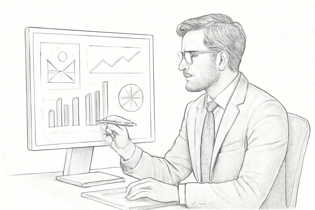 A marketer reviewing email campaign analytics on a dashboard, identifying performance patterns acros