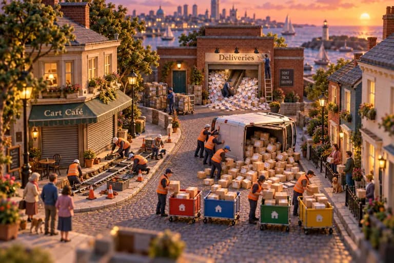 A tiny shopping street where a delivery van has overturned, spilling identical parcels addressed to every doorstep on the block, while a crew in orange vests rights it and re-sorts