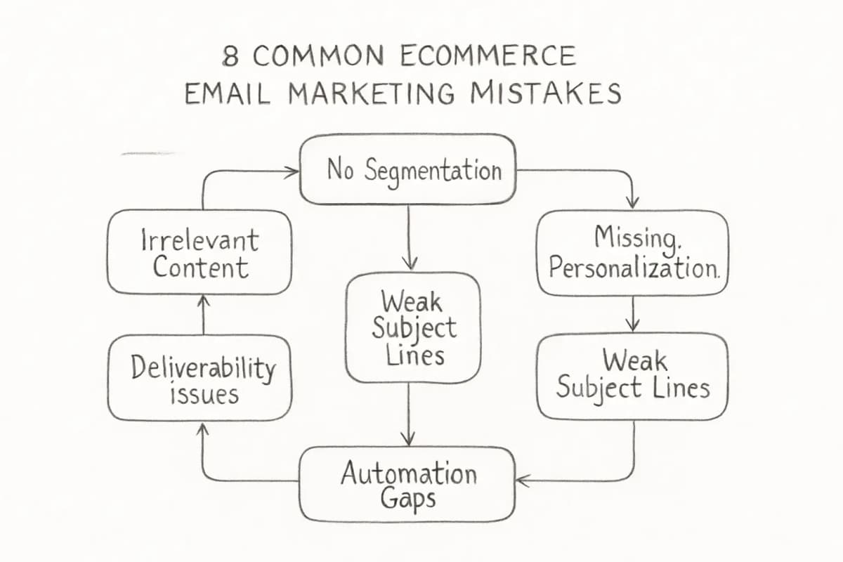 Infographie montrant 8 erreurs courantes en email marketing e-commerce disposées dans une grille ou une mise en page circulaire. Chaque erreur doit inclure un titre bref, une courte description de l'erreur et un indicateur visuel d'impact sur les revenus (tel qu'une perte de pourcentage ou un montant en dollars). Les erreurs doivent couvrir les défaillances de segmentation, le contenu non pertinent, le mauvais timing, l'absence de personnalisation, les lignes d'objet faibles, l'analyse ignorée, les lacunes d'automatisation et les problèmes de délivrabilité. Utilisez un code couleur pour montrer la gravité (rouge pour l'impact critique, orange pour modéré, jaune pour mineur). Incluez des flèches de connexion ou des icônes pour montrer comment les erreurs se renforcent mutuellement comme décrit dans le contexte de l'article.