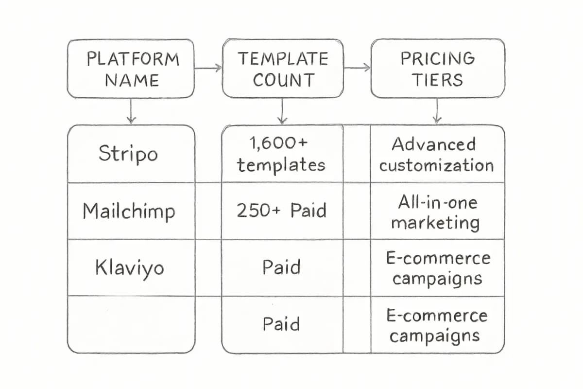 A comparison table displaying email template builder platforms side by side. Table has 4 columns: Platform Name, Template Count, Pricing Tiers, and Best Use Cases. Rows include Stripo (1,600+ templates), Mailchimp (250+ templates), and Klaviyo (350+ templates) with their respective pricing information and use case descriptions. Use a clean, professional design with alternating row colors for readability.