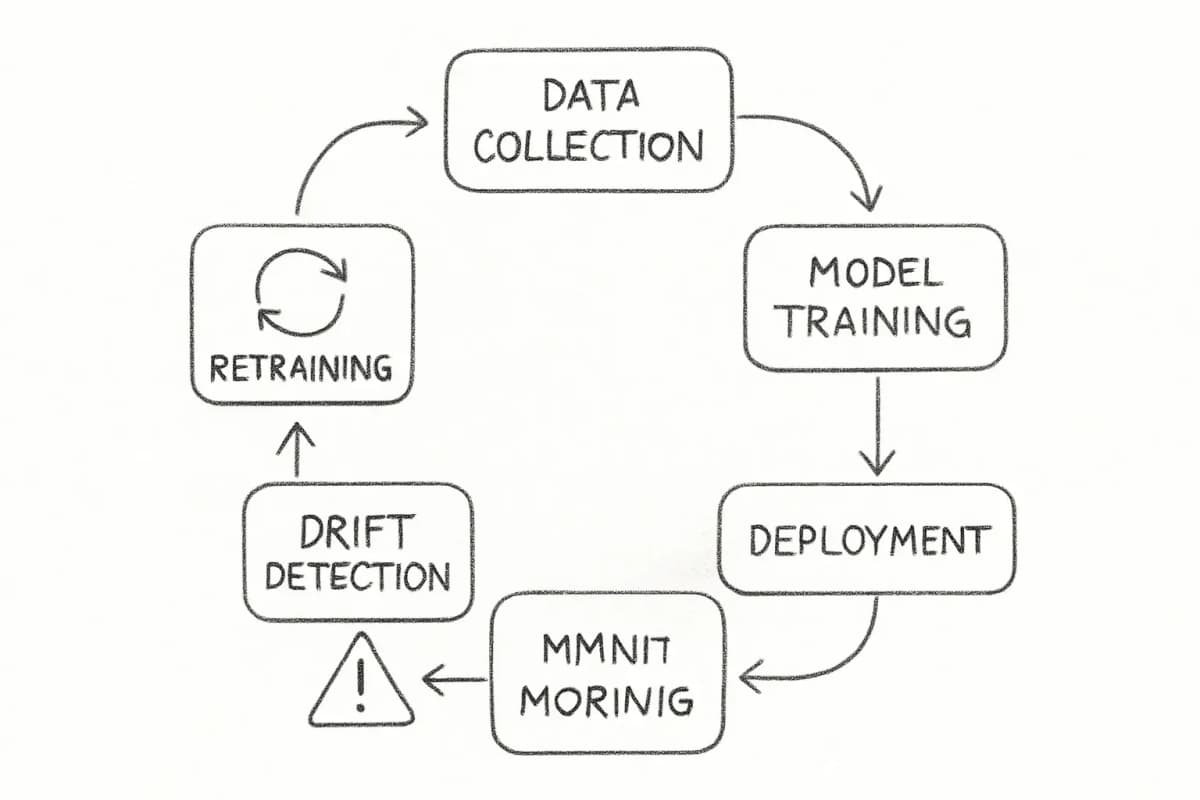 A circular process diagram showing the continuous retraining loop for AI email models. Six connected steps flow clockwise: (1) Data Collection from email campaigns and subscriber interactions, (2) Model Training on collected behavioral data, (3) Deployment of the trained model into production, (4) Monitoring of model performance and email metrics, (5) Drift Detection identifying when model accuracy declines, and (6) Retraining triggered to loop back to step 1. Include arrows between each step showing the continuous cycle. Add visual indicators like warning signs at the Drift Detection step and refresh symbols at Retraining to emphasize the ongoing nature of the process.