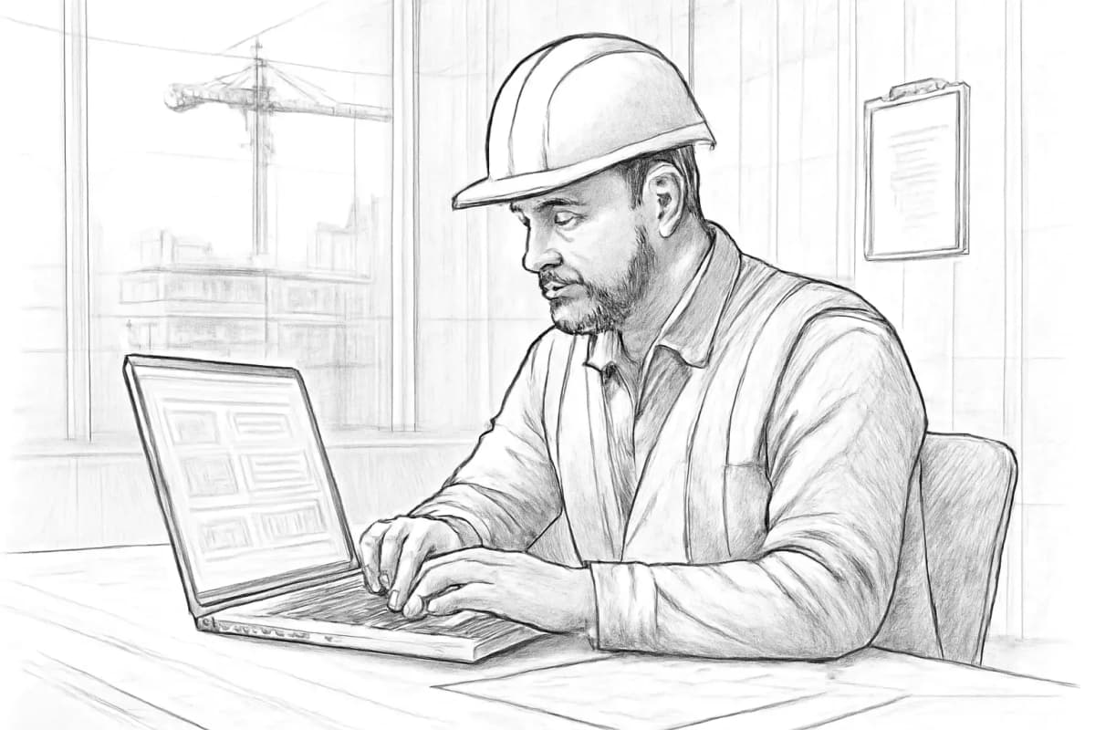 Entrepreneur examinant les modèles de campagne email sur un ordinateur portable au bureau du chantier