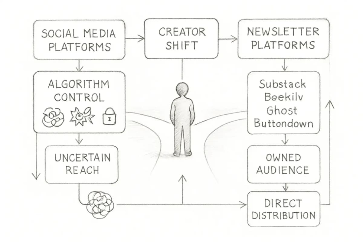 Une comparaison visuelle montrant le passage de l'économie des créateurs des plateformes de réseaux sociaux (Instagram, TikTok, X, Facebook) à gauche avec des flèches décroissantes, vers les plateformes de newsletters (Substack, Beehiiv, Ghost, Buttondown) à droite avec des flèches ascendantes. Le centre montre un créateur à un carrefour ou un point de basculement. Incluez des indicateurs visuels de l'imprévisibilité des algorithmes du côté social (lignes enchevêtrées, symboles de verrouillage, icônes d'algorithme) par rapport au contrôle direct de l'audience du côté newsletter (icônes d'enveloppe, connexions directes, symboles de listes propriétaires). Le ton général doit évoquer la libération et la migration stratégique.