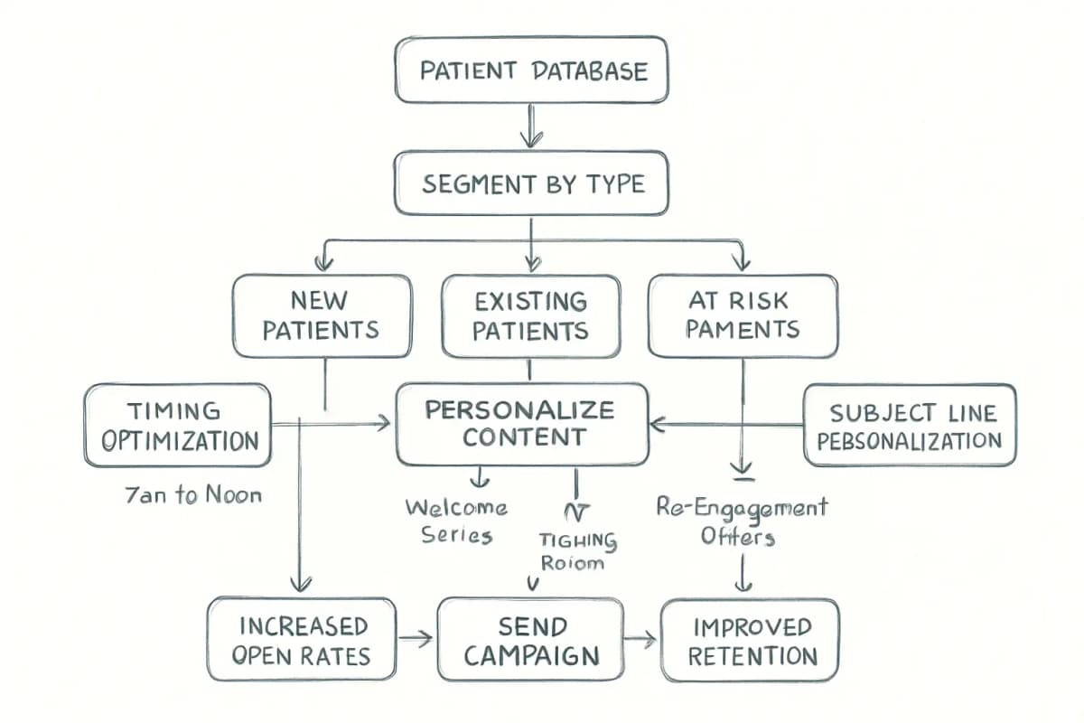A vertical workflow diagram showing dental email marketing segmentation and personalization. Start with a 'Patient Database' box at the top. Arrow flows down to 'Segment by Patient Type' (showing branches for new patients, existing patients, and at-risk patients). Each segment branches into 'Personalize Message Content' boxes with examples like appointment reminders for existing patients, welcome series for new patients, and re-engagement offers for at-risk patients. Additional inputs show 'Timing Optimization' (7am to noon) and 'Subject Line Personalization' feeding into the personalization stage. All paths converge at the bottom into 'Send Automated Campaign' leading to outcome metrics like 'Increased Open Rates' and 'Improved Retention'. Use professional healthcare color scheme with blue and teal accents.