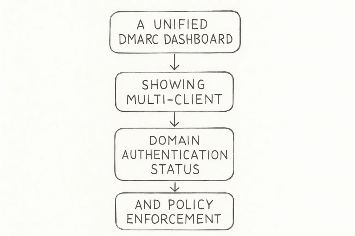 A unified DMARC dashboard showing multi-client domain authentication status and policy enforcement
