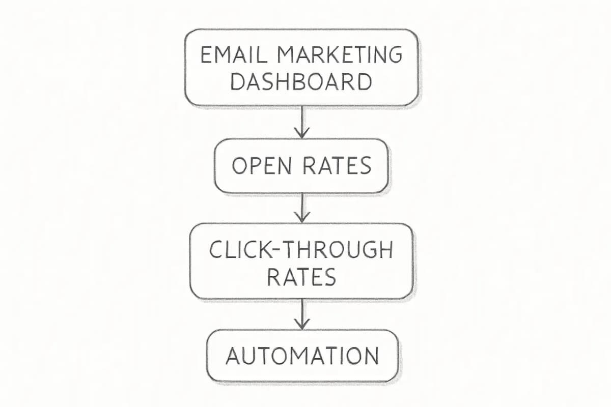 Illustration of an email marketing dashboard showing open rates, click-through rates, and automation