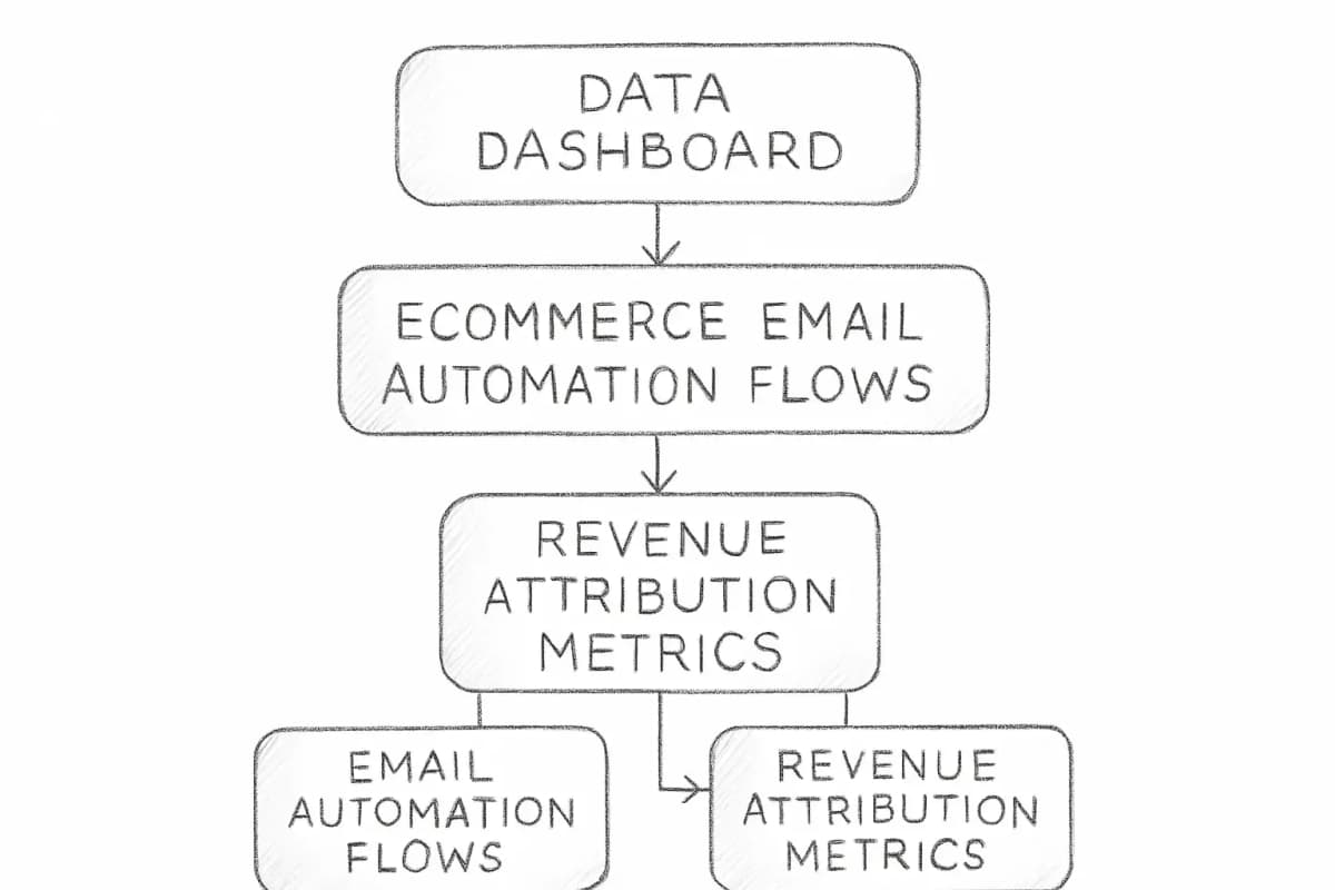 A data dashboard showing ecommerce email automation flows and revenue attribution metrics