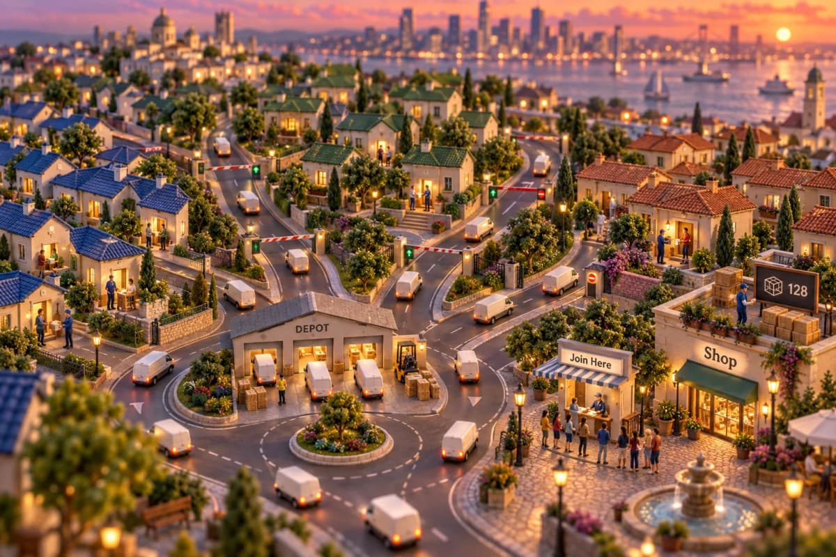 A tiny warehouse at the city's edge sends a continuous loop of little delivery vans along eight curving streets, each van peeling off toward a different cluster of townhouses where