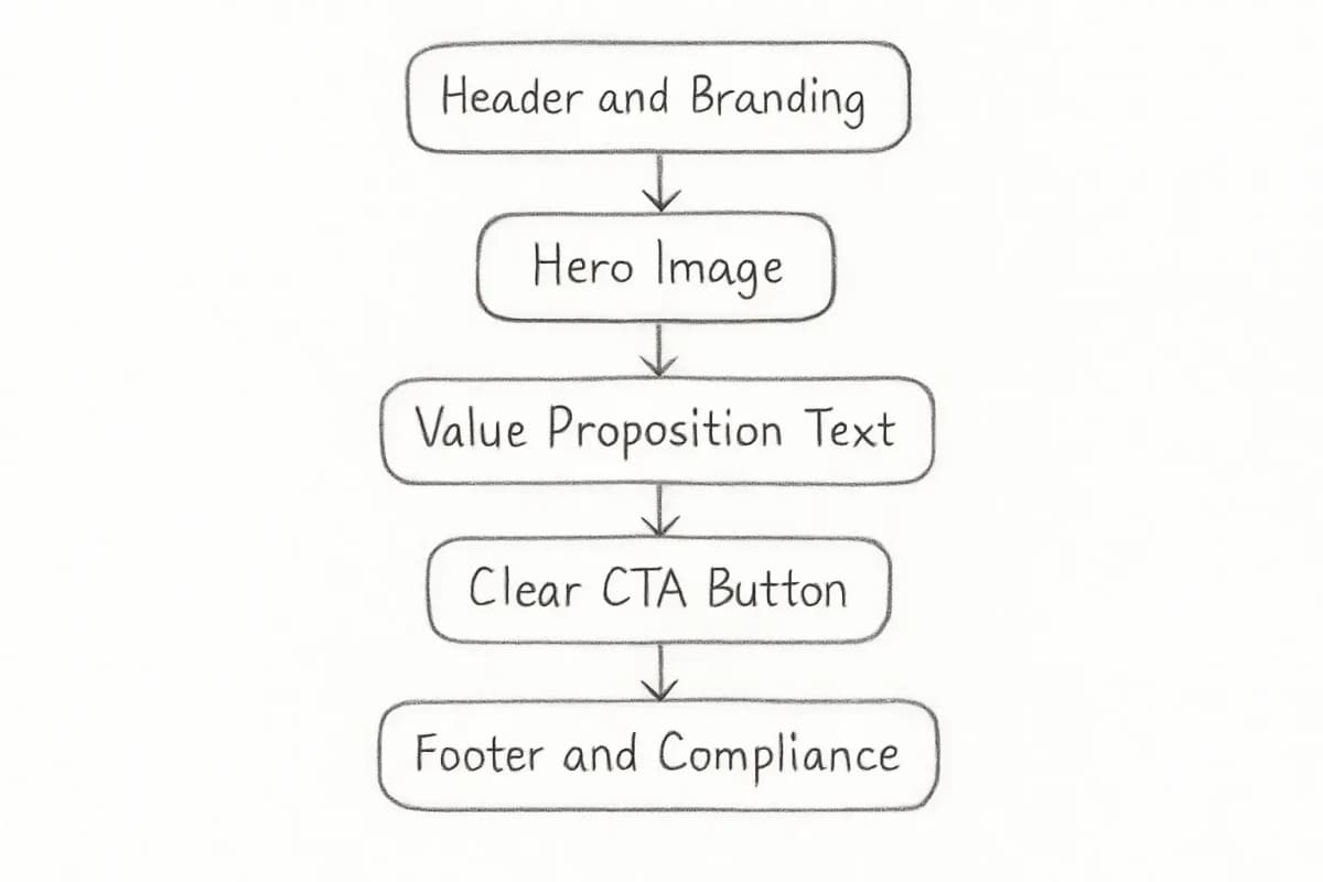 Email promotional structure diagram showing key components of an effective promotional email. The layout includes a header section with branding, a hero image area, body text with value proposition, a clear call-to-action button positioned prominently, and footer with unsubscribe link. Annotations highlight the placement of the CTA button as the focal point, clear action text on the button, and the visual hierarchy that guides the reader's eye from headline to CTA. Use a clean, modern email template mockup style with a white background and professional typography.