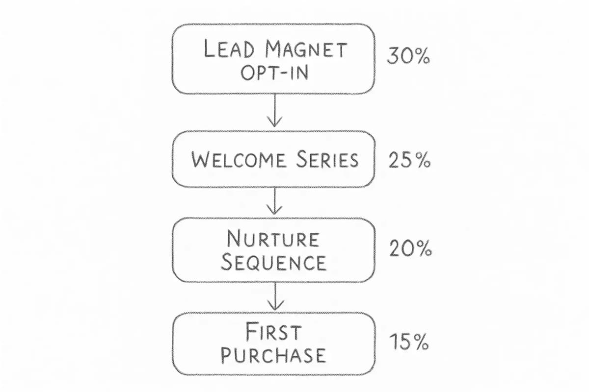 Diagramme d'entonnoir de email marketing montrant quatre étapes séquentielles: opt-in de lead magnet (en haut), livraison de série de bienvenue, séquence de nurturing avec contenu éducatif et conversion du premier achat (en bas). Incluez des flèches coulant vers le bas entre chaque étape pour montrer la progression. Ajoutez des numéros de pourcentage ou des métriques d'engagement diminuant légèrement à chaque étape pour représenter l'attrition typique de l'entonnoir. Utilisez une conception propre et moderne avec un codage couleur distinct pour chaque étape.
