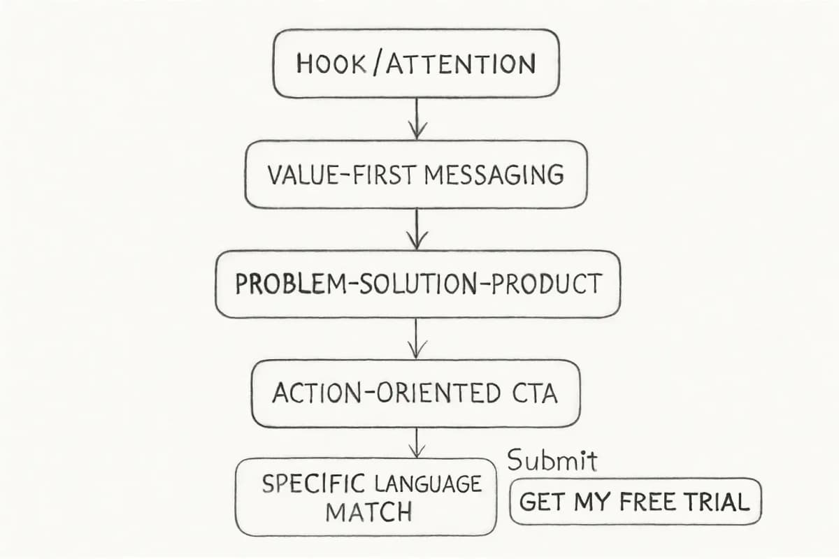 Email copy structure diagram for affiliate promotions showing a linear flow from top to bottom. Start with a hook or attention-grabbing opening, followed by value-first messaging that emphasizes benefits to the reader before mentioning the product. Include a section showing problem-solution-product positioning. Then show strategic CTA placement, with emphasis on specific action-oriented language like 'Get My Free Trial' positioned prominently. Use arrows connecting each section to show the logical progression. Include an example of poor CTA language ('Submit') crossed out, with the recommended alternative next to it. The overall visual hierarchy should emphasize how value comes before the ask, with the CTA as the natural conclusion.