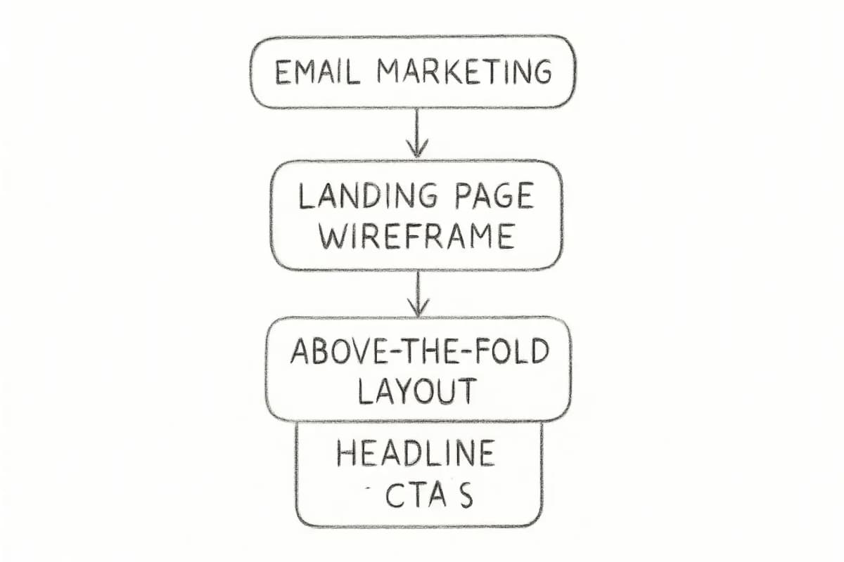 Wireframe de page de destination email marketing montrant la mise en page au-dessus de la ligne de flottaison avec titre, CTA et badges de confiance