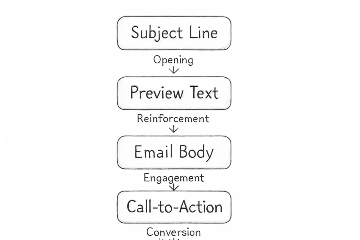 Email copywriting structure diagram showing the four key components of an email in sequential order: subject line at the top, preview text below it, email body in the middle section, and call-to-action (CTA) button at the bottom. Each component should be in a separate box connected by arrows flowing downward to show the reading progression. Include brief notes under each component explaining its purpose: subject line for opening, preview text for reinforcement, body for engagement, and CTA for conversion.