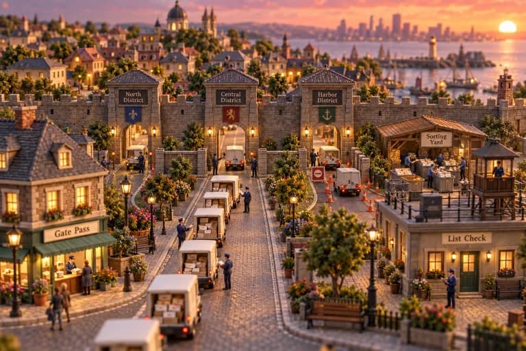 A miniature city split into three walled districts, each entered through its own narrow gatehouse where uniformed inspectors wave some mail vans through and turn others back onto a